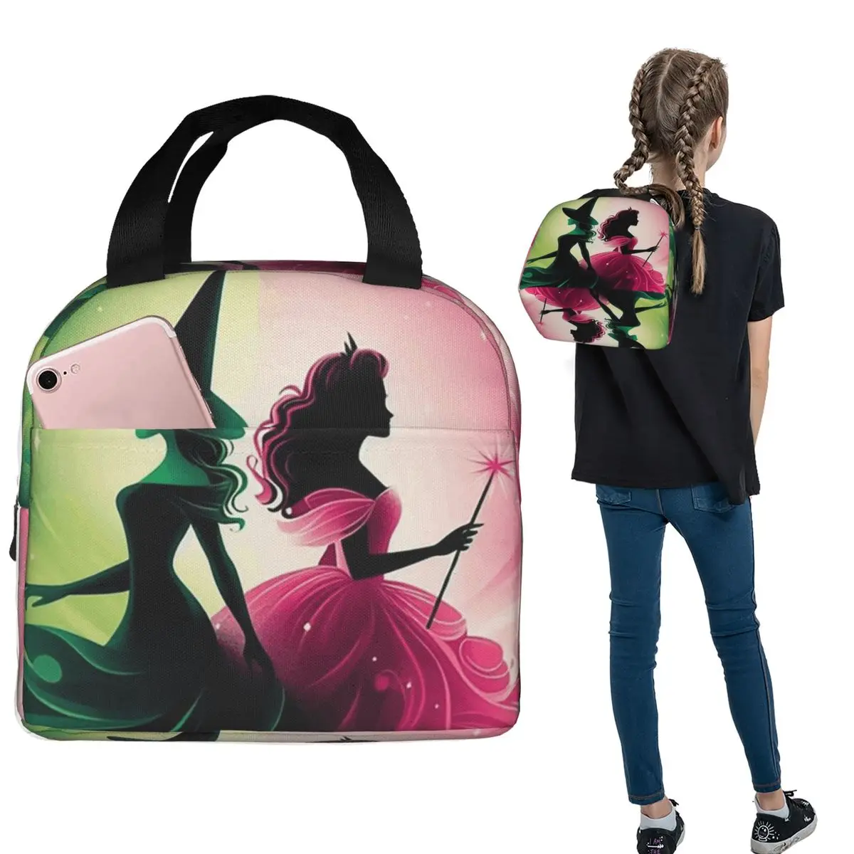 Wicked Elphaba And Glinda Magic Movie Insulated Lunch Bag for Women Children Portable Food Boxes Thermal Lunch Box Tote