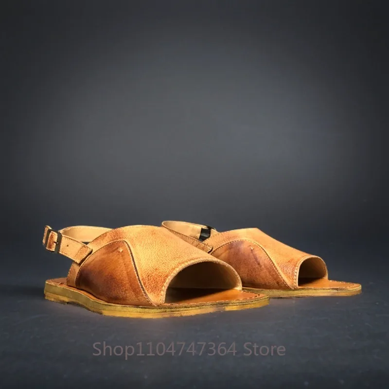 Summer Handmade Design Retro Flat Bottom Genuine Leather Fashion Sandals Men's Beach Shoes Youth Casual Open Toe Work Outdoor