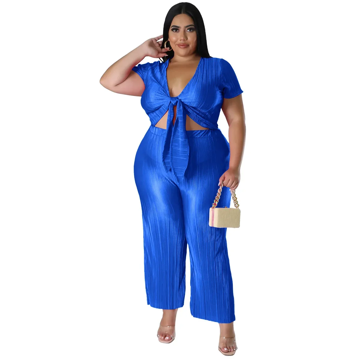 L-4XL 2024 Summer African Fashion Pleated Bandage Short Sleeve Top and Pant Suits Sexy Plus Size Two Piece Sets Women Clothing