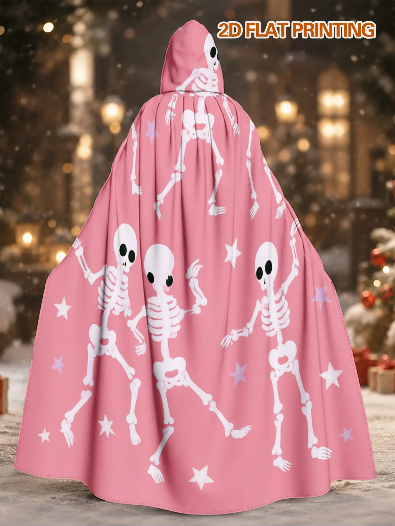 Adult Polyester Hooded Robe with Dancing Skeletons on Pink Background Design Suitable for Halloween Cosplay and Christmas