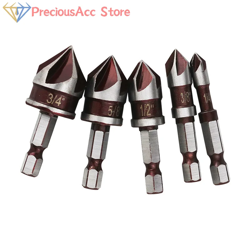 

5 шт./компл. сверло с зенковкой, шестигранный хвостовик 1/2 "1/4" 3/8 "3/4" 5/8 "фреза, фреза для отверстий, дерево, металл, пластик, инструменты для снятия фаски