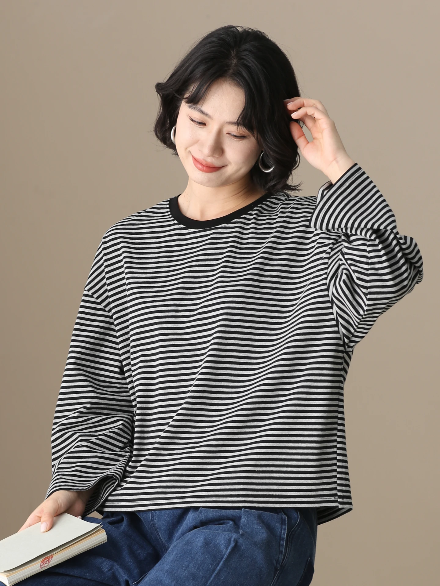

Loose Casual Striped Long Sve T-irt Women's Comfortable Breathable Cotton Top round Ne Regular Fit Autumn Faion