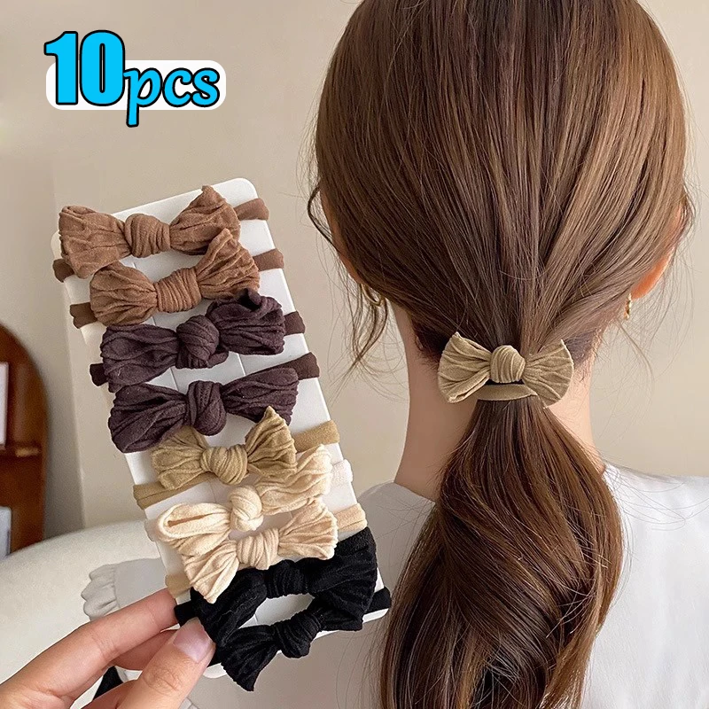 10Pcs Women Girls Bow Nylon Elastic Hair Bands Hair Ties Ponytail Holder Rubber Bands Scrunchie Headwear Hair Accessories