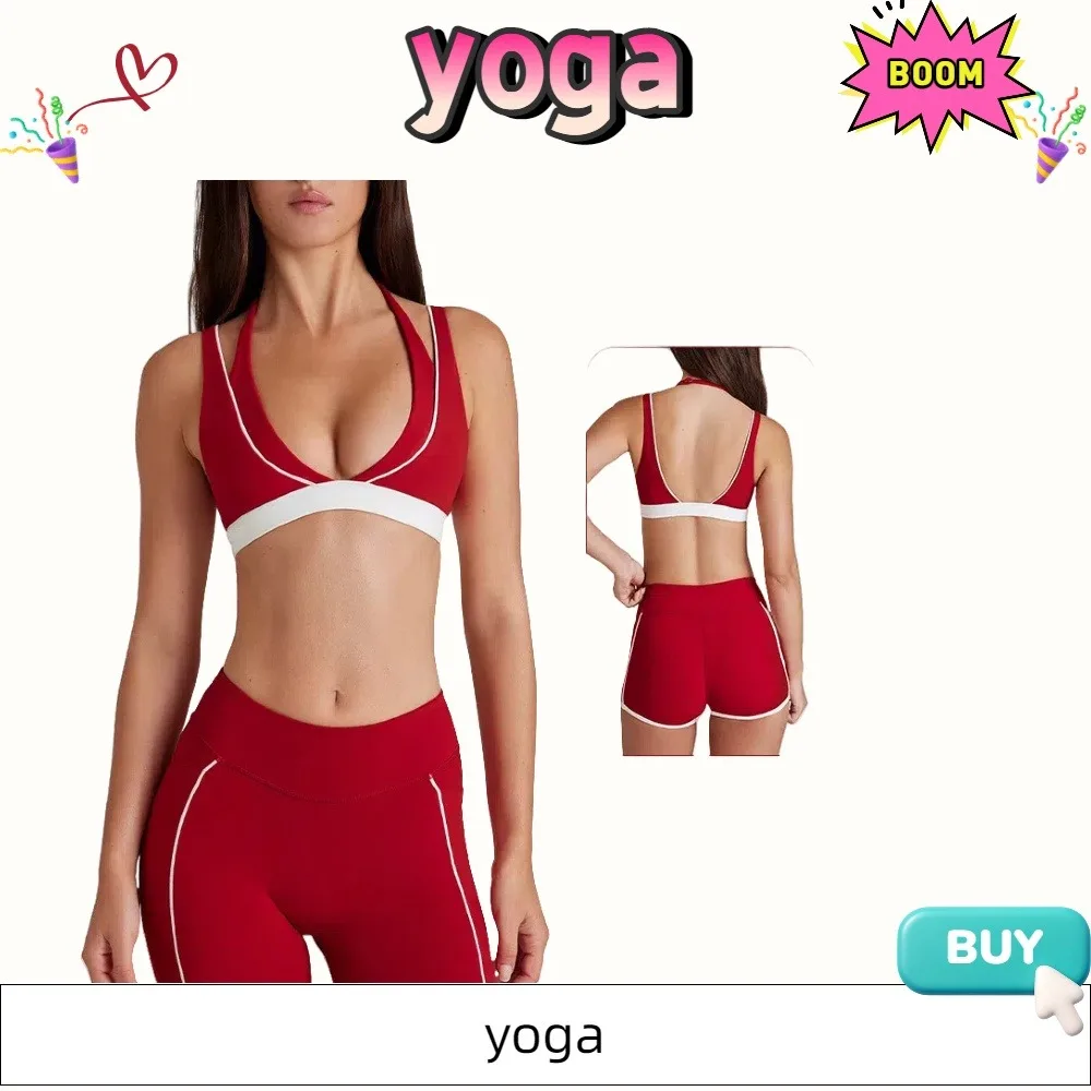 

Fake Two-Piece Color Block White Stripe Running Fitness Shorts V-Neck Halter Sports Bra Yoga Outfit Set