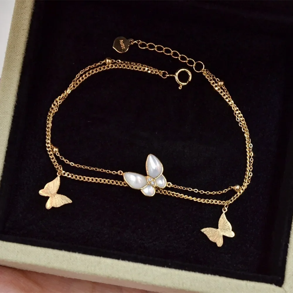 

UBESTNICE Real 18K Solid Yellow Gold AU750 Jewelry Double Strand Natural Diamond White Shell Butterfly Charm Bracelets for Women