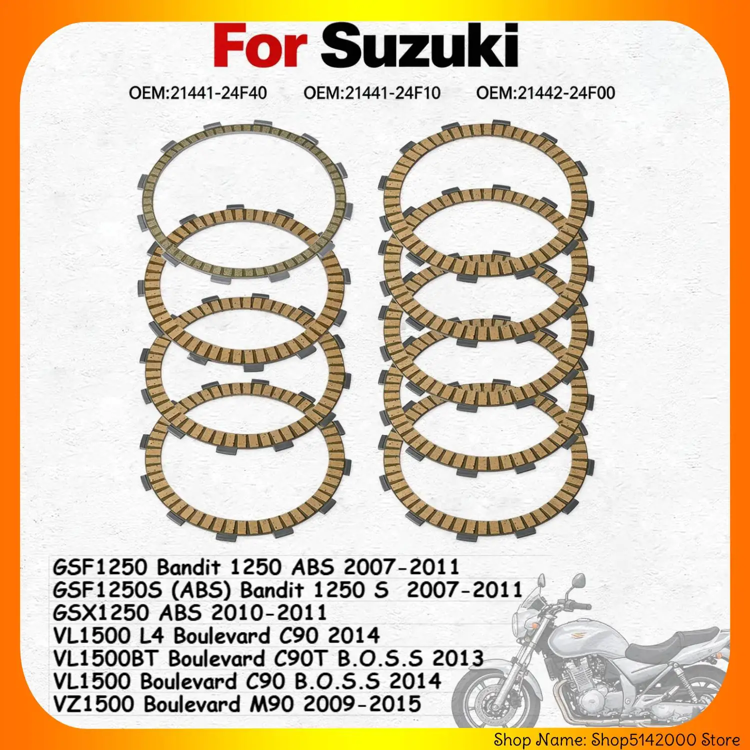 1Set Motorcycle Clutch Friction Plates Disc Set For Suzuki VZ1500 Boulevard M90 GSF1250 Bandit 1250 ABS OEM:21441-24F40 Parts