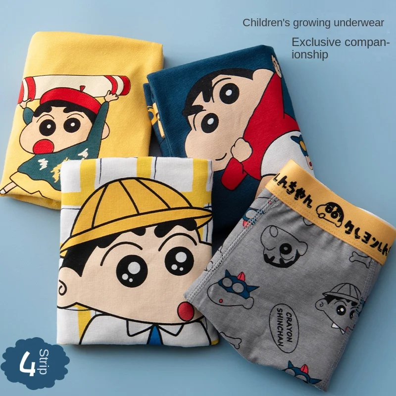 4PCS Crayon Shin-chan Children Cotton Boxer Briefs Boy Shorts Slim Fit Underwear Full Cotton Four-corner Pants Head Shorts 3-12Y