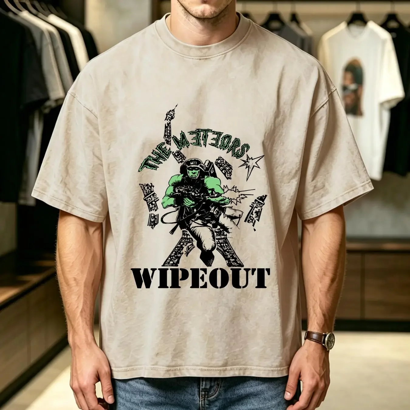 washed T Shirt Vintage The Meteors Band Wipe Out 1984 British Psychobilly Punk 80s XL vintage Washed homme Casual