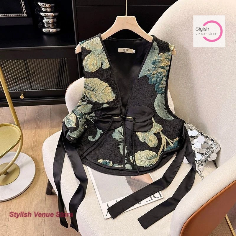 

New Chinese black flower vest coat women's spring and autumn new fashion temperament small retro casual Joker vest women