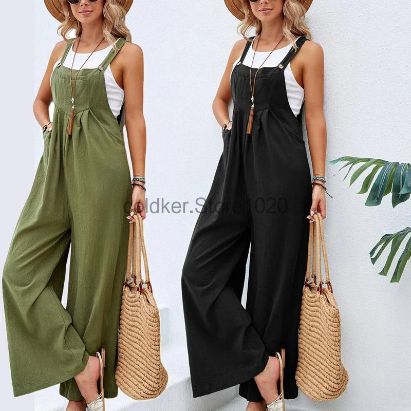 

2024 Woman Fashion Casual Overalls Solid Loose Straps Wide Leg Pants Summer Sleeveless Dungarees Leisure Jumpsuit Overalls