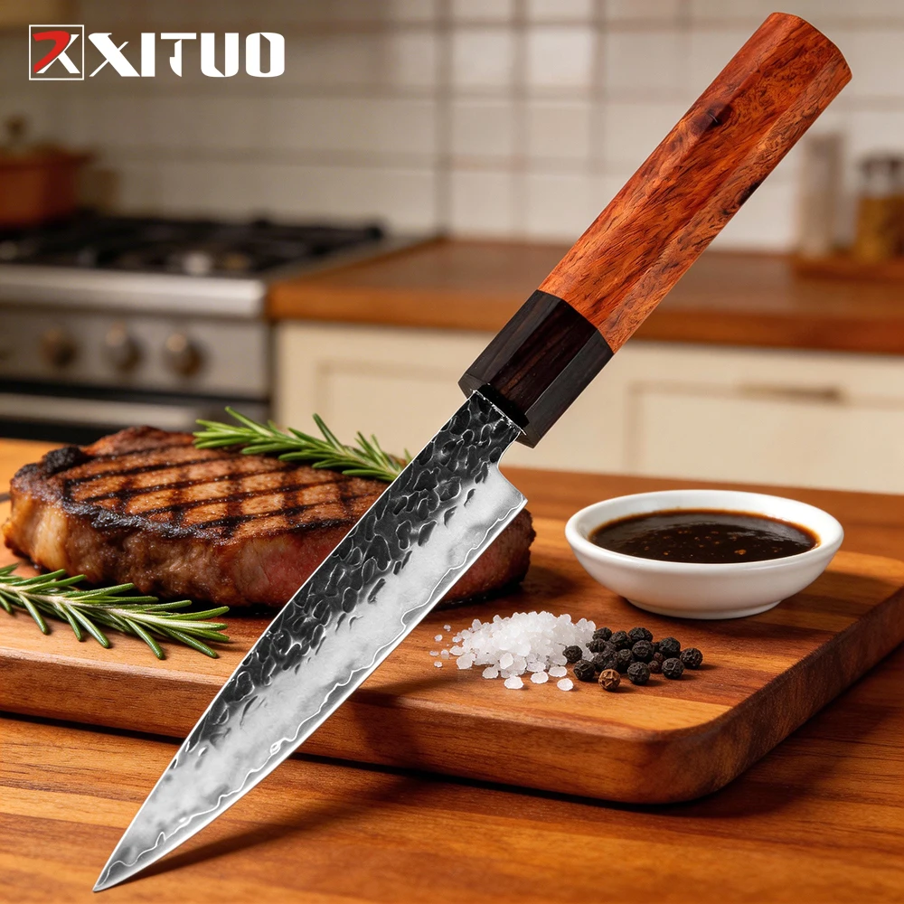 XITUO Japanese 5 Inch Utility Knife Triple-layer Composite Steel Sharp Kitchen Paring Knife Vegetables, Octagonal Wooden Handle