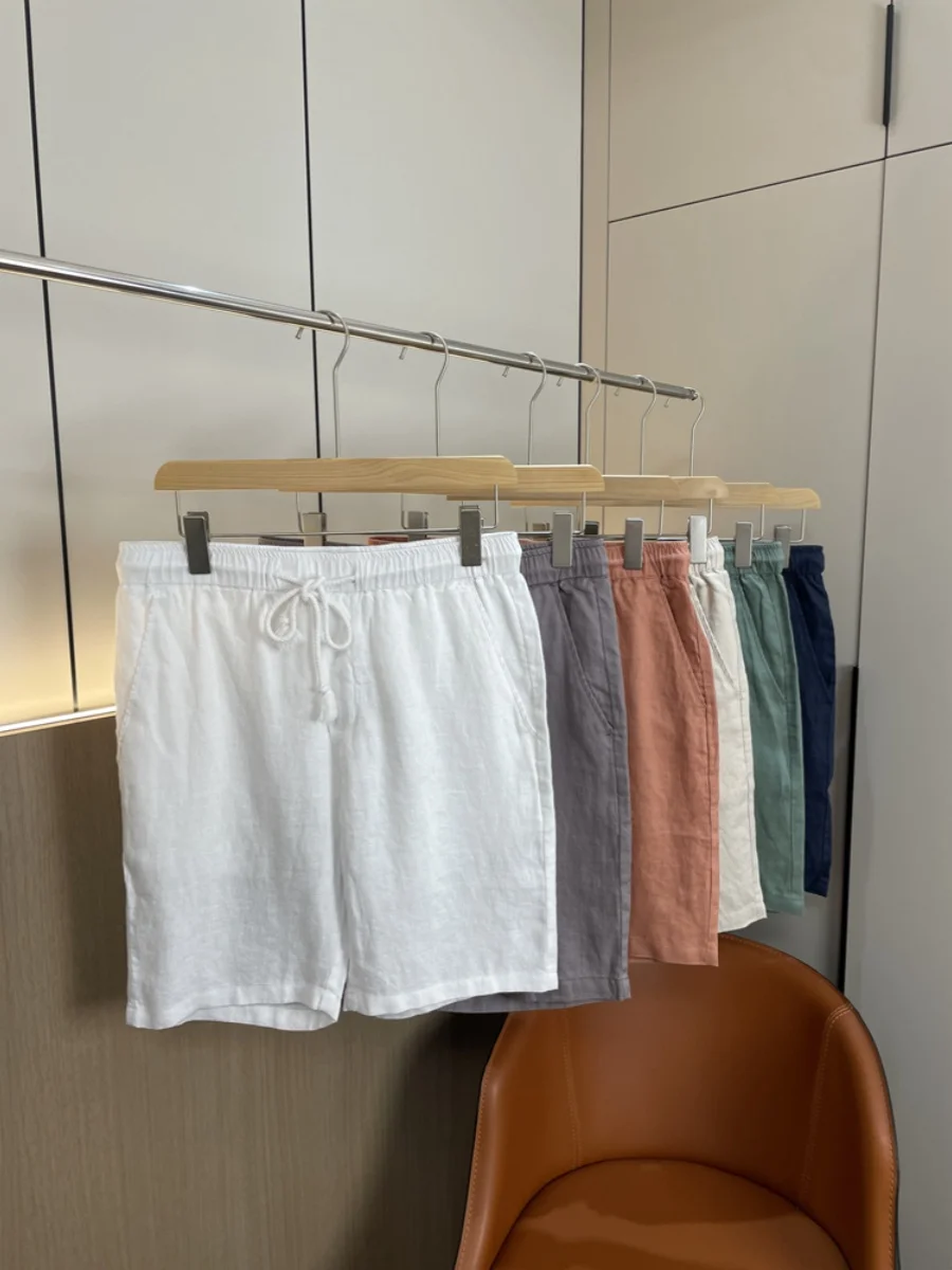 

Прохладные легкие льняные мужские летние повседневные брюки, дышащие, влагостойкие, однотонные, длиной пять четвертей, прямые брюки...