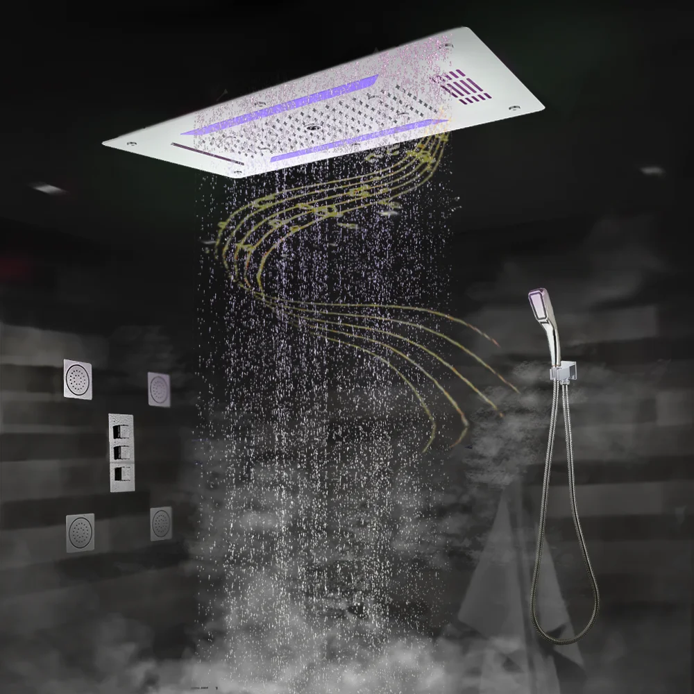 

Bluetooth Concealed Shower System LED Rain Ceiling Shower Head Thermostatic Mixer Valve Faucet with Waterfall Mist Massage Jets