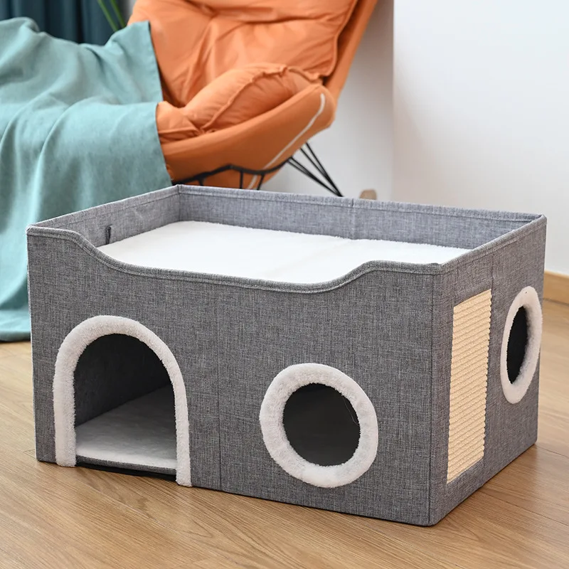Stable Non Collapsible Four Seasons Universal Double Cat Nest Multi Hole Sisal Scratching Fully Enclosed Foldable Pet Bed