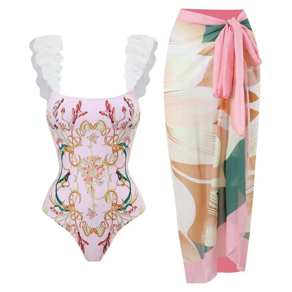 Sling Monokini with Skirt Set Floral Printed Women's Bikini Set with Ruffle Detail Lace-up Cover Up Sexy Beach for Summer