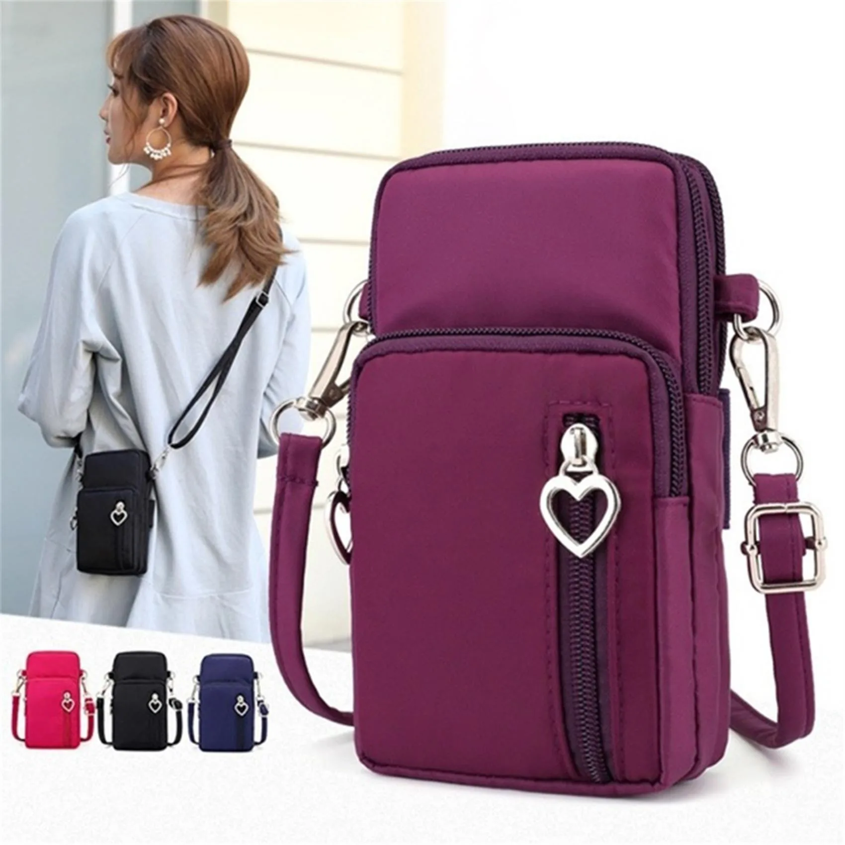 Women's Fashion Diagonal Cross Phone Bag Zipper Shoulder Bag Hanging Neck Sports Arm Bag Vertical Wallet