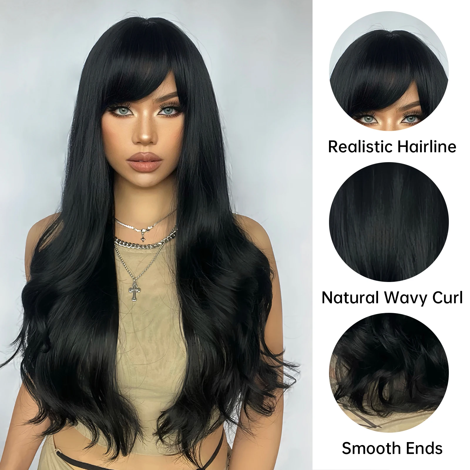 ALAN EATON Long Black Synthetic Wigs with Bangs Natural Wavy Wig for Women Daily Party Natural Looking Hair Heat Resistant Fiber