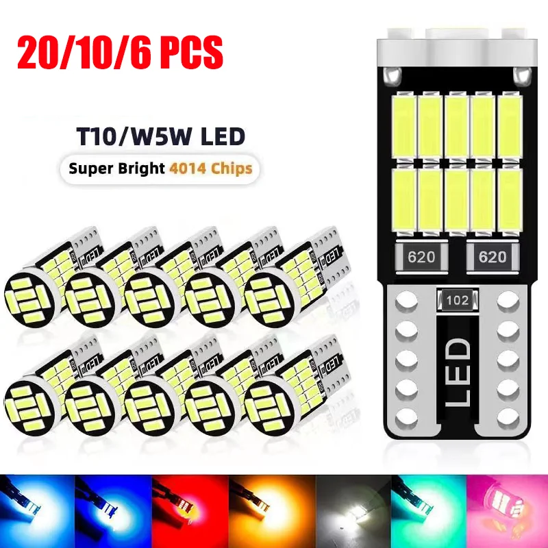 20/10/6/2PCS W5W T10 Led Bulbs Canbus 4014 SMD 6000K 168 194 Led 5w5 Car Interior Dome Reading License Plate Light Signal Lamp