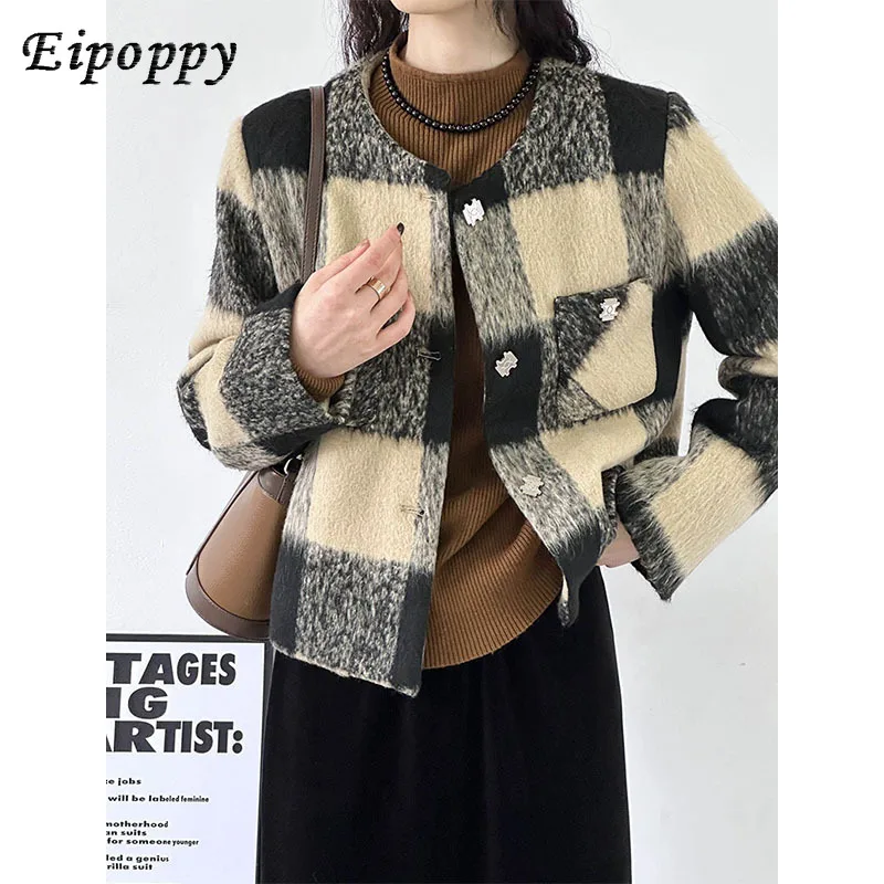 

Winter New Retro Plaid down Woolen Elegant Cardigan