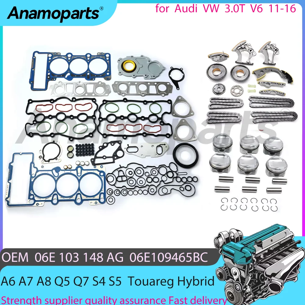 For 11-16 3.0T L Audi A6 A7 A8 Q5 Q7 S4 S5 SQ5 C7 VW Touareg Hybrid Engine Overhaul Rebuild Timing chain piston kit 06E103148AG