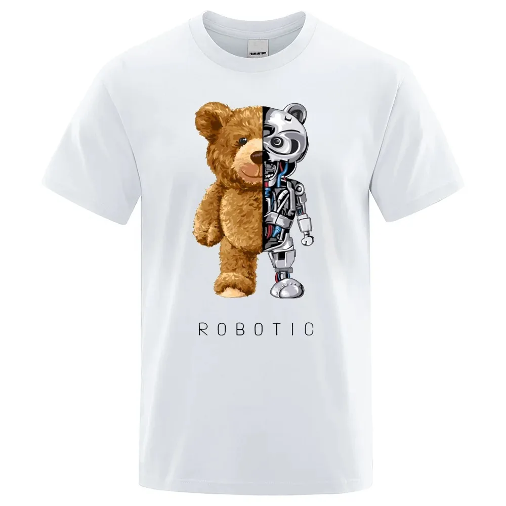 Funny Teddy Bear Robot Tshirt Robotic Bear Men Short Sleeve Fashion Casual Clothing Summer Cotton Tees Oversized Street T-Shirts