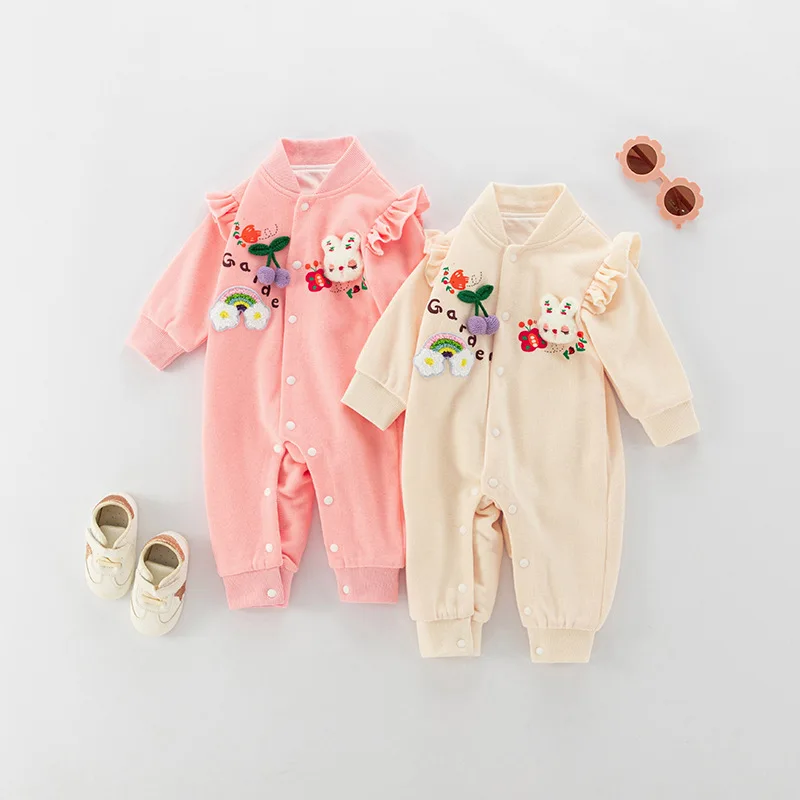 Autumn 0-2 Years Baby Girls Jumpsuit 3D Rabbit Flying Sleeve Newborn Girls Romper Double Layered Outdoor Infant Girls Onesies