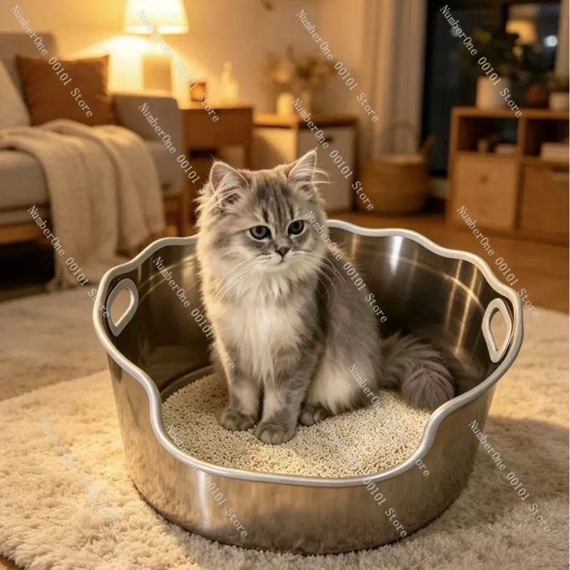 Large Capacity Stainless Steel Cat Litter Box Anti Splash Open Top Cat Toilet Pan Deepened Thickened Metal Kitty Sandbox Easy