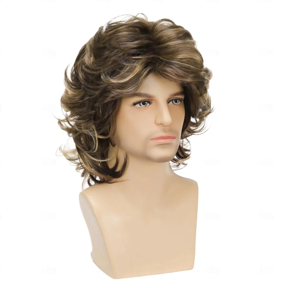 HAIRJOY Synthetic Hair  Football Fan Hair  Mens Short Brown Wig  Layered Curly Wig