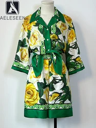 AELESEEN High Quality 100% Silk Set Women Sicilian Yellow Rose Flower Print Bow Short Blouse + High Waits Shorts Casual Set