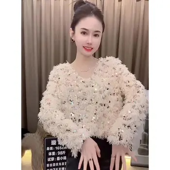 Lazy Style V-neck Long Sleeved Sequined Patchwork Women's 2024 Winter New Versatile Slimming and Slimming Western-style Top