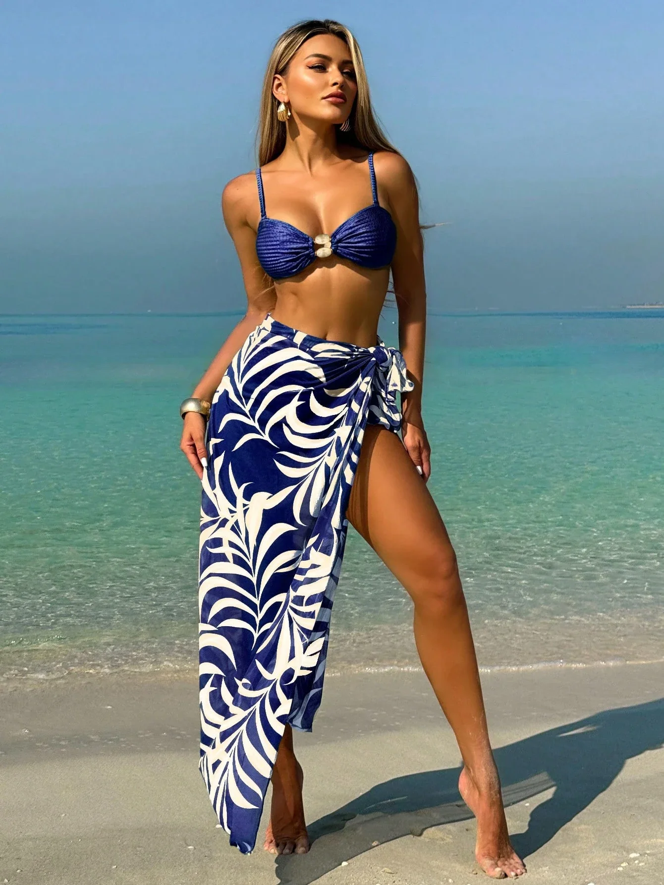 

Женский синий винтажный пляжный комплект бикини с сетчатой юбкой с принтом в виде листьев