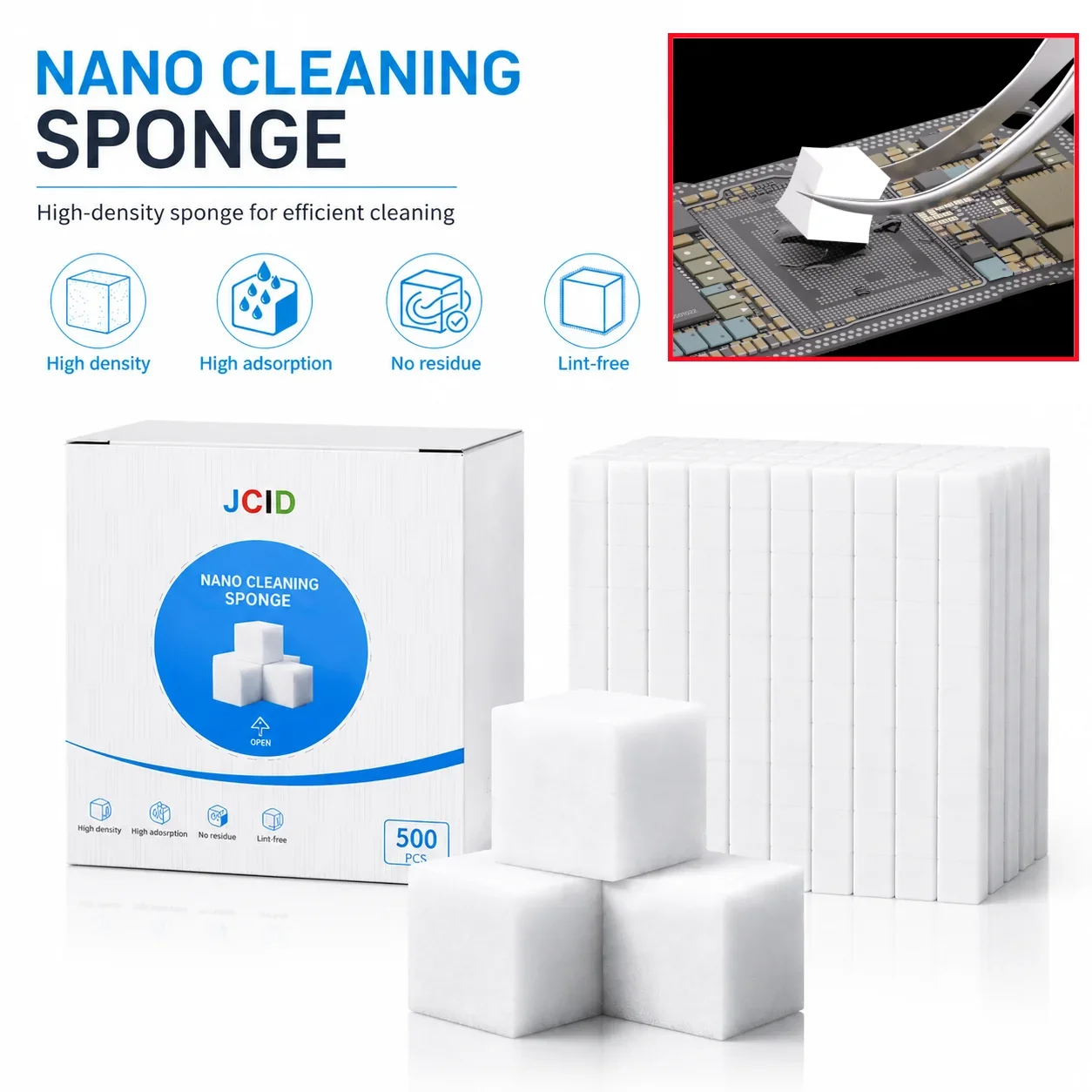 JCID HM5 Nano Cleaning Sponge Set - 500Pcs High Density BGA Soldering Repair Tool No Residue for Phone Screen PCB Mainboard