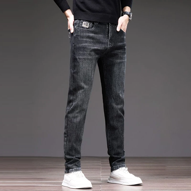 Pantalones vaqueros rectos sueltos y versátiles de alta calidad para hombre, pantalones vaqueros elásticos para primavera y otoño, pantalones azul neblina a la moda, color gris oscuro