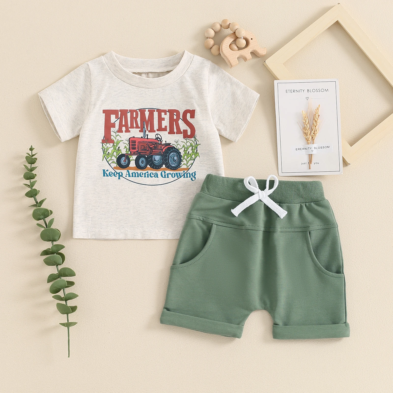 

Baby Boys Summer Outfits Rustic Tractor Print Short Sleeves T-Shirt and Elastic Shorts for 2 Piece Vacation Clothes Set