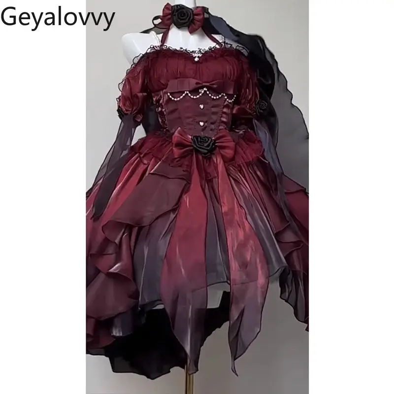 الأسود والأحمر التغيير التدريجي الحلو عالية الخصر فستان الزفاف لوليتا كلمة واحدة طوق الرقبة القوس رقيق فساتين حفلات الأميرة