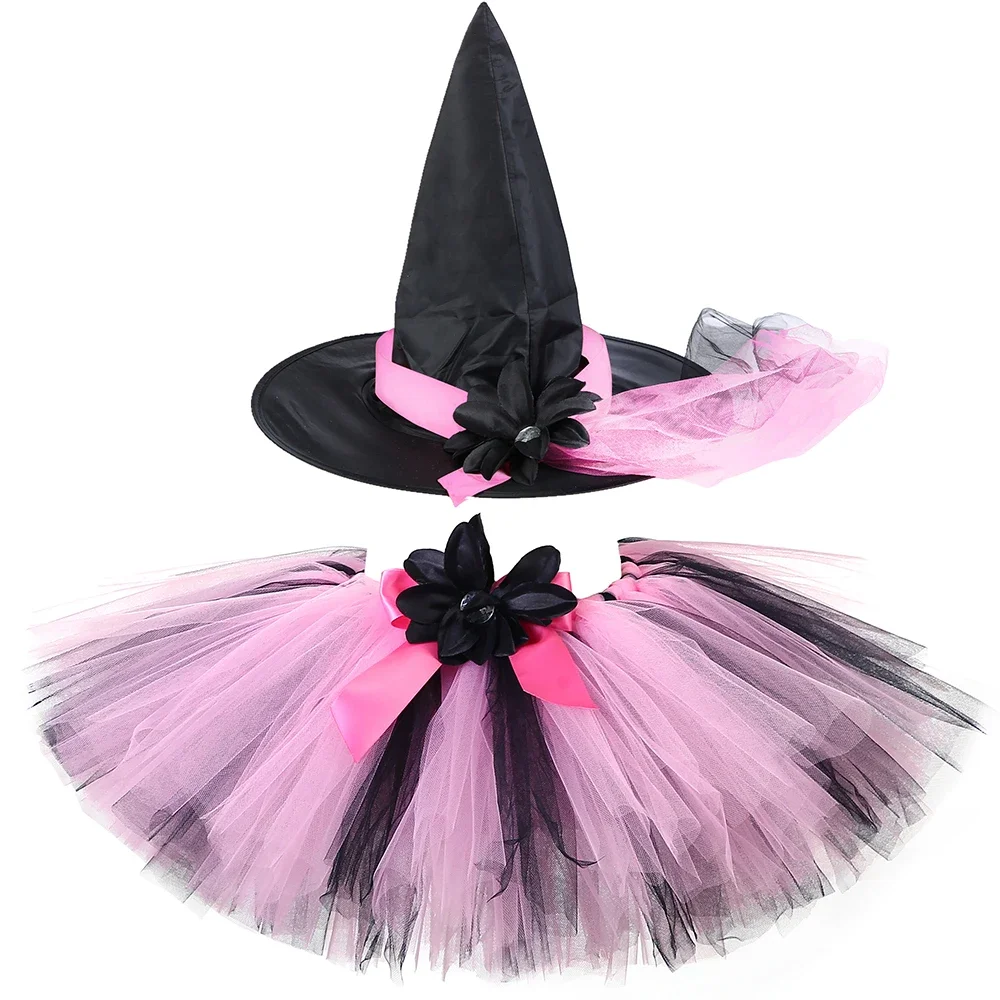 Pink Black Tutus Layers Baby Girls Witch Tutu Skirt Party Dance Kids Fluffy Tulle Skirts Girls Halloween Tutu Costume with Hat