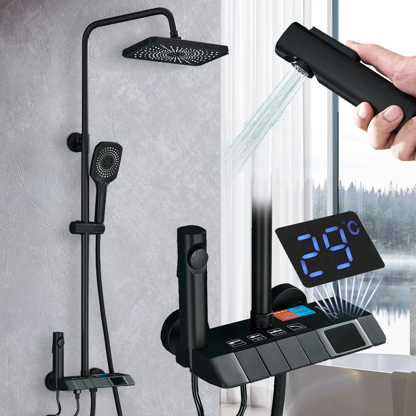 

Digital Display Shower Set Rainfall Bathroom Shower Faucet Kit With Bidet Wall Mounted Brass Hot Cold Water Mixer Tap System