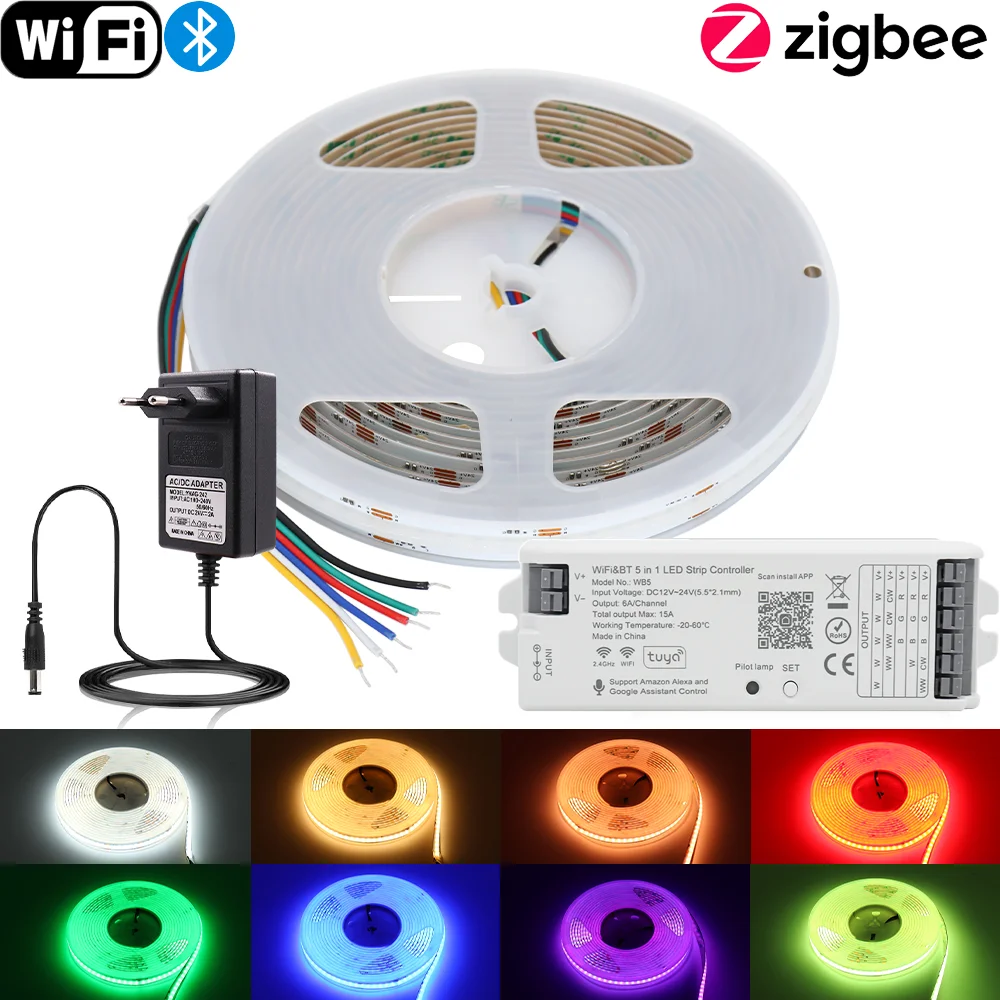 Tuya WiFi RGBCCT LED Strip Light 5 in 1 Zigbee Smart APP Control 24V Colorful COB LED Tape 840Leds 5m 10m RGBCW Decor Lights
