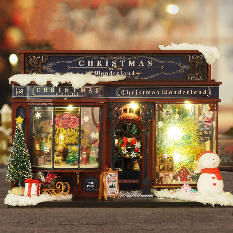 

DIY Wooden Christmas Wonderland Casa Miniature Building Kits Assembled Cottage Dollhouses With Light Bookshelf Friends Gifts