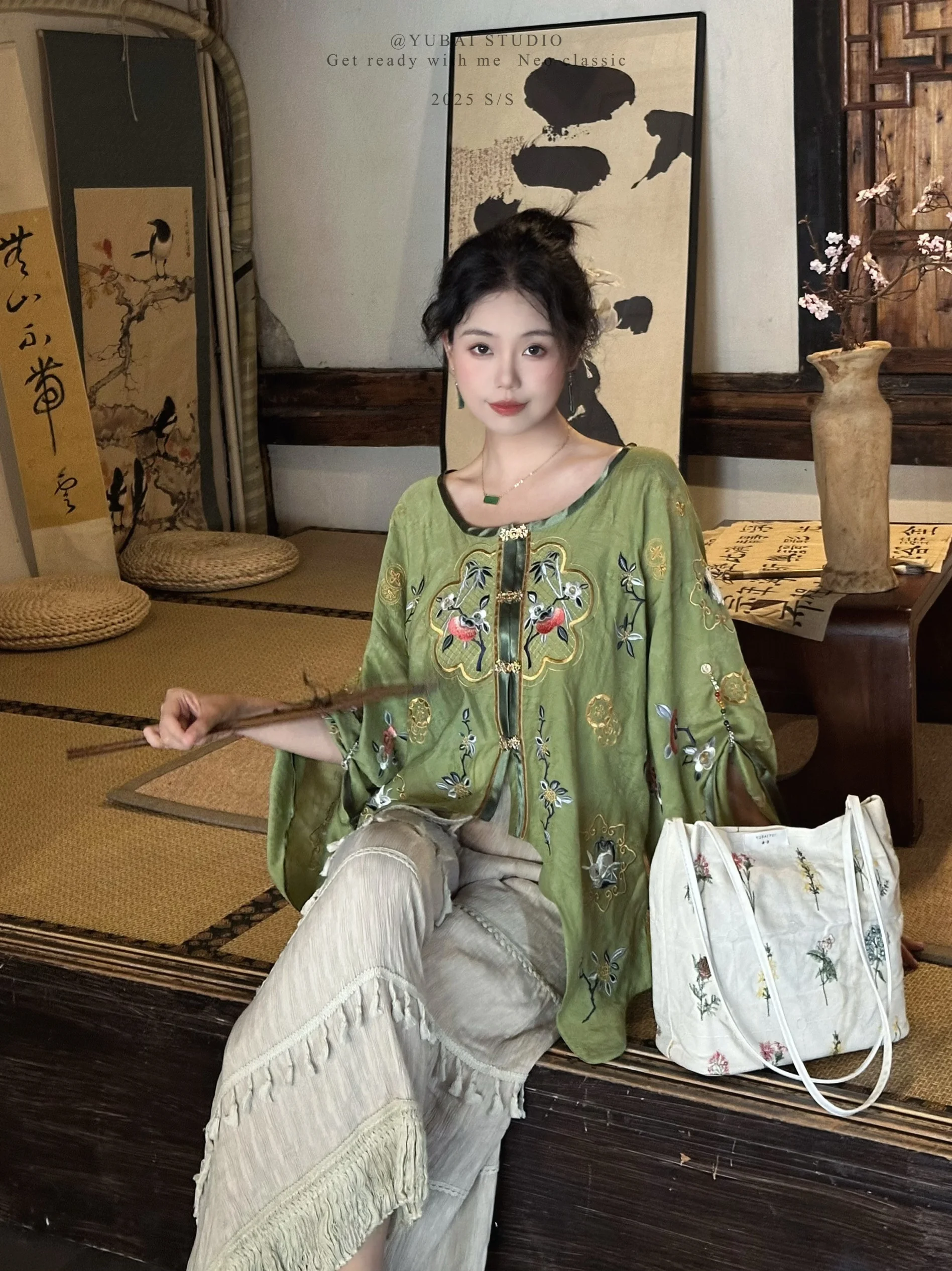 

New Chinese Sle Embroidered Top Hanfu Women's Summer Faion Thin Long Sve round Ne Multi Treasure Flower Pattern