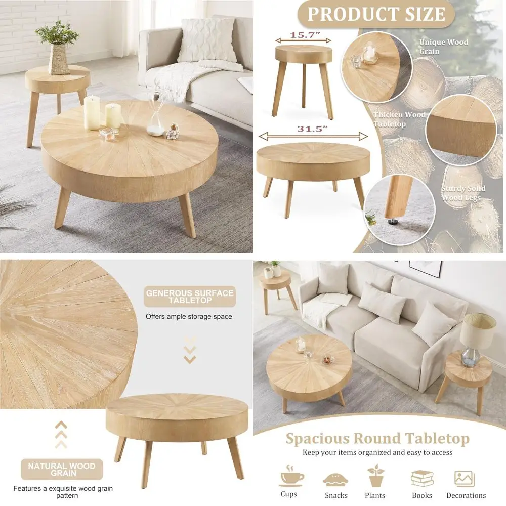 

Rustic Round Farmhouse Coffee Table Set, 2-Piece Solid Wood End Tables for Living Room, 31x31x16 inches, Light Brown