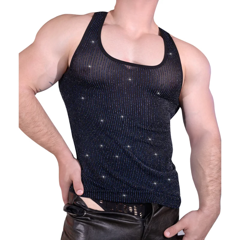 

Men Tank Tops Stripe Shiny See Through Lingerie Hollow Ultra-Thin Breathable Silky Undershirt Bodybuilding Sleeveless T-Shirts