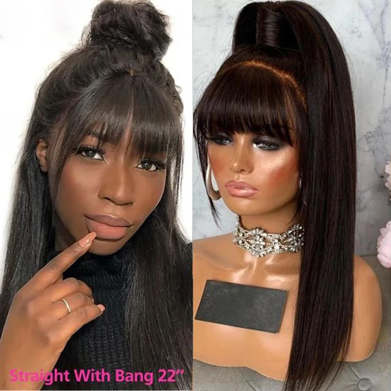 

Cheap 38inch 13x6 HD Lace Front Human Hair Wigs With Bangs Raw Indian Straight 360 Full Lace Frontal Wig With Fringe For Women