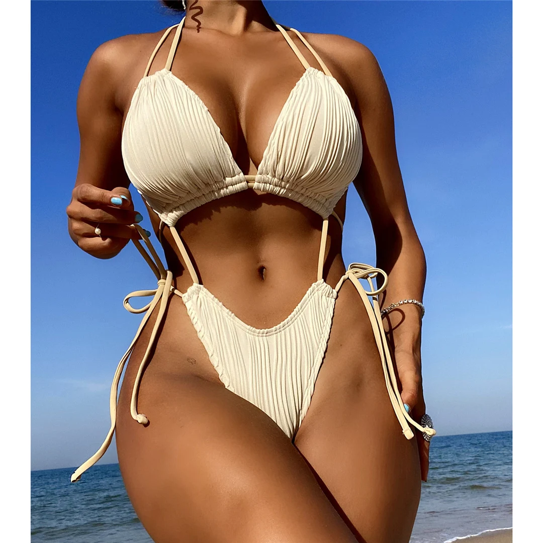 Sexy, geraffter, bauchfreier, ausgeschnittener Neckholder-Badeanzug, Damen-Badebekleidung, Monokini mit hohem Beinausschnitt, Badeanzug, Badebekleidung, Schwimmanzug V5607 – Detail 7