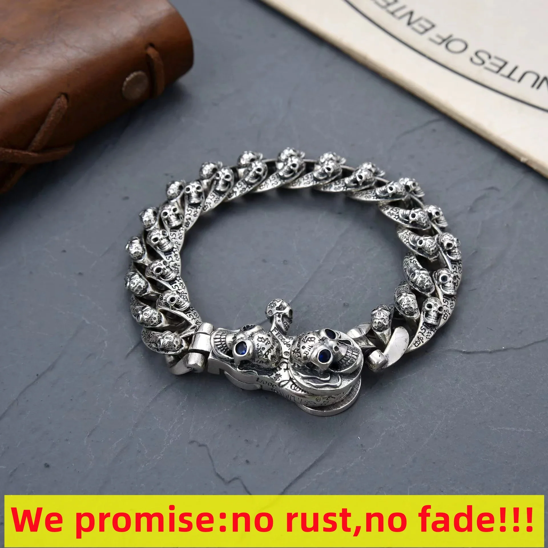 100% S925 Sterling Silver Graffiti Bracelet Trendy Men's Cuba Chain Personalized Retro Skull Dark Hip Hop Bracelet