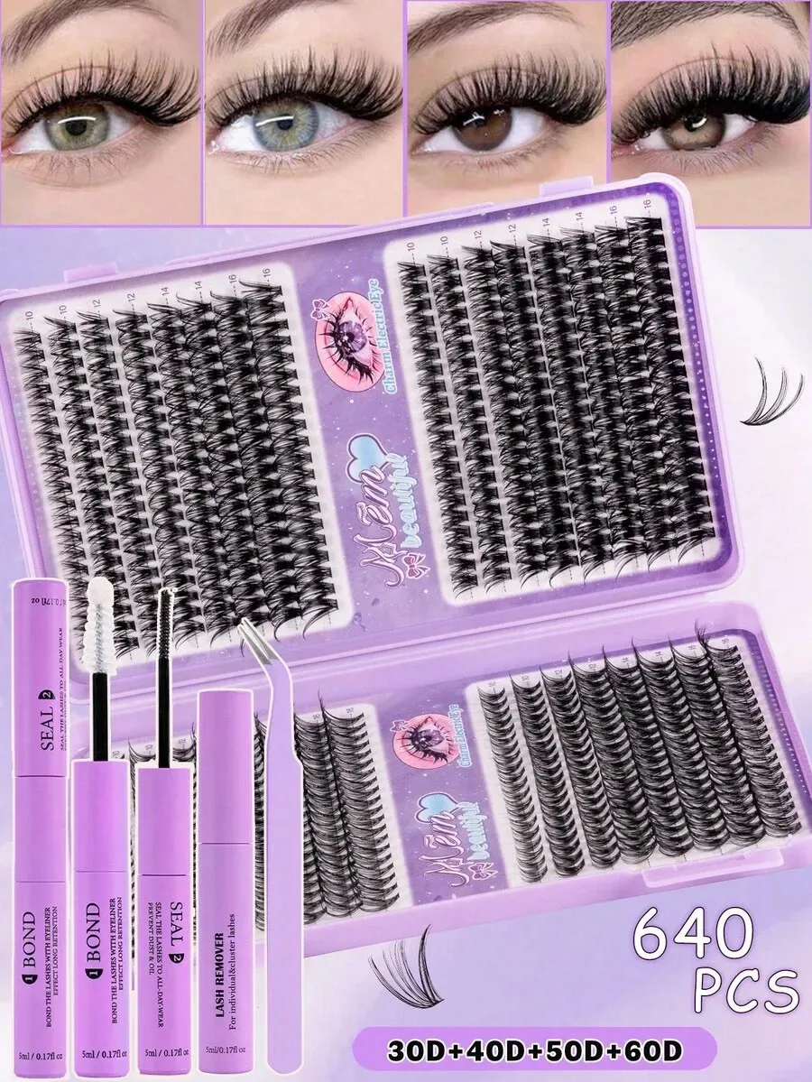 640pcs DIY Eyelash Extension Kit, 30D-60D Lash Book with Glue, Remover & Tweezers, for Home Use Beginners & Professionals
