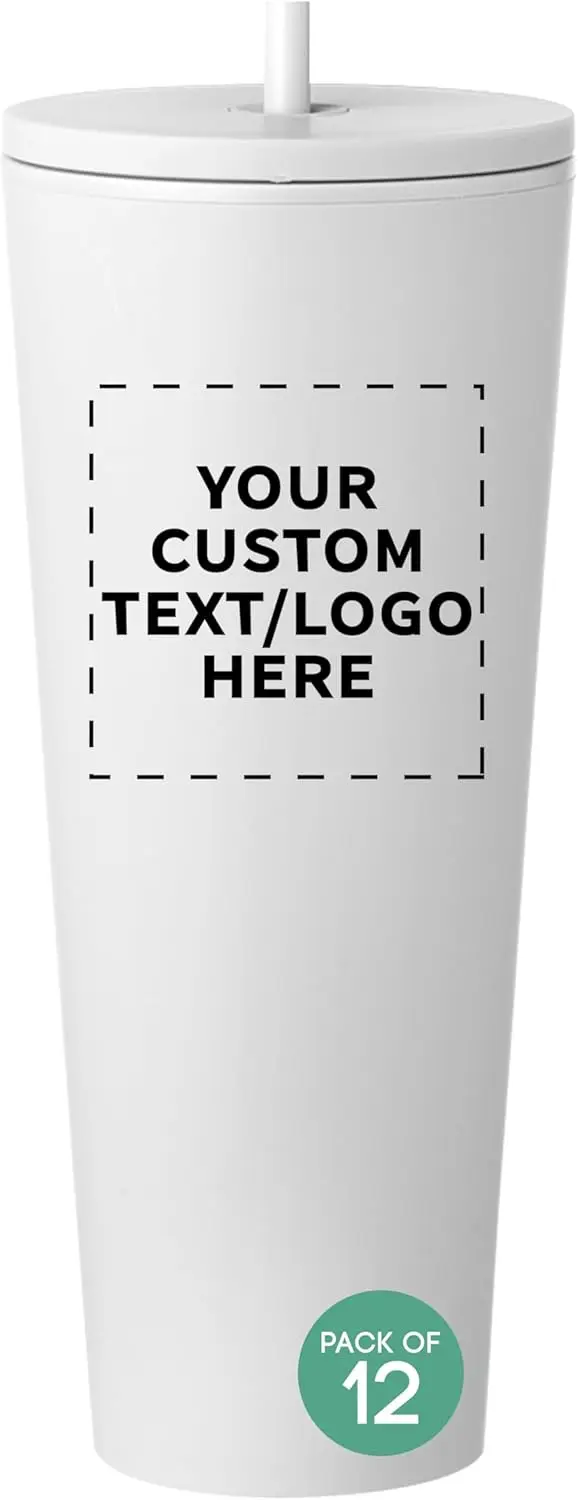 أكواب بلاستيكية مخصصة من كيناي مع قش 24 أونصة، مجموعة من 12 قطعة، عبوة كبيرة مخصصة مثالية للمشغول باللون الأبيض المعزول #2