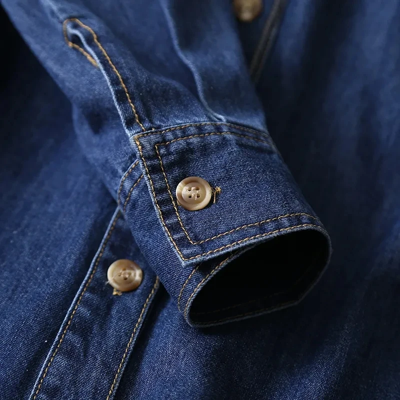 Fashion Women Denim Solid Single Breasted Blouse Vintage Lapel Neck Long Sleeve Female Chic Lady Shirts With Pockets
