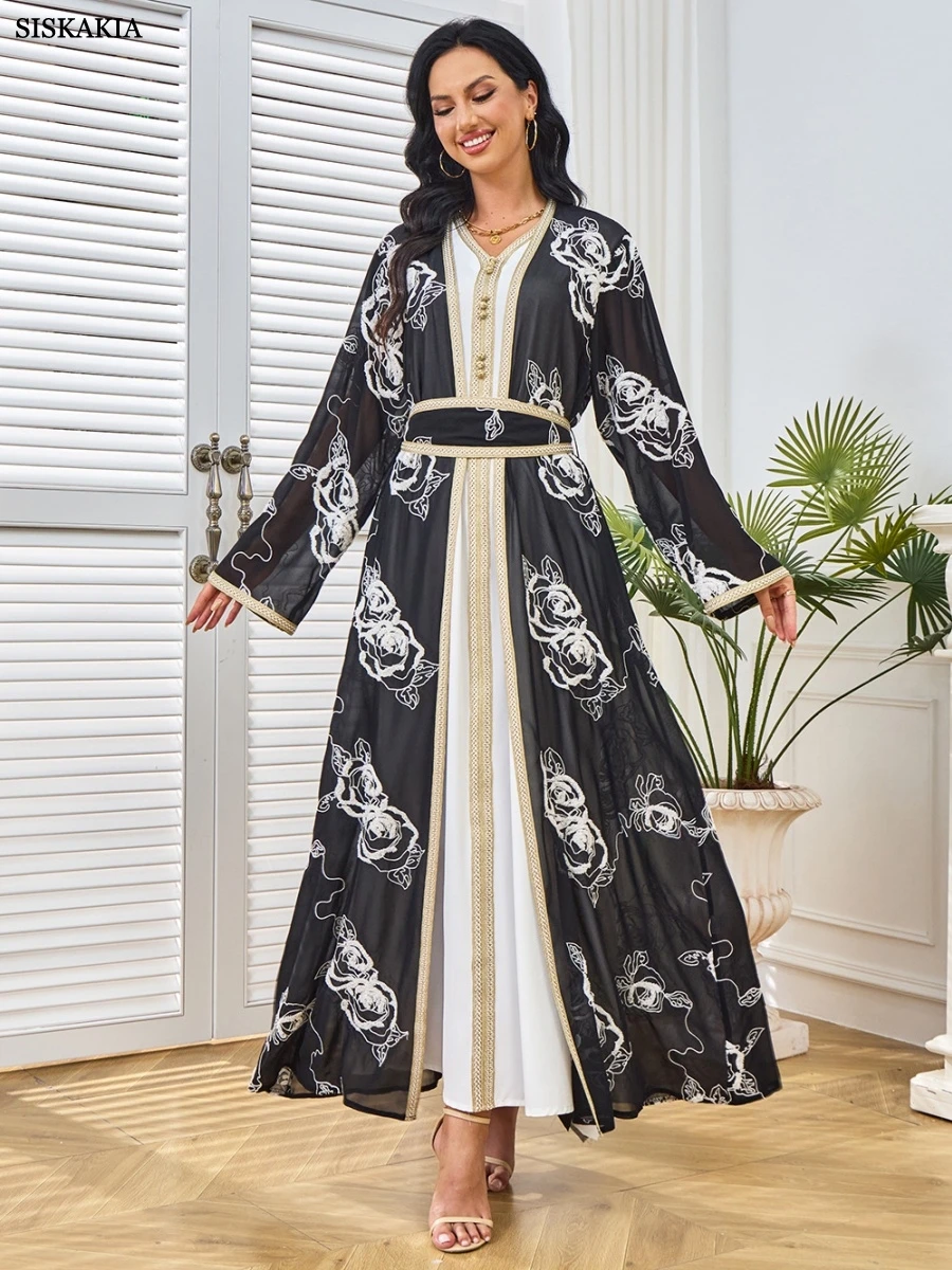 Siskakia Dubai Embroidery Long Abaya Muslim Mesh Sleeve Belted Kaftan Two-Piece Set Dress Belt included