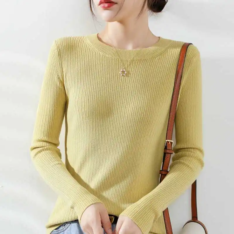 여성용 슬림핏 라운드넥 니트웨어 롱슬리브 오버헤드 소프트 슬레 캐주얼 롱슬리브 라운드넥 스웨터 가을 겨울 신상...